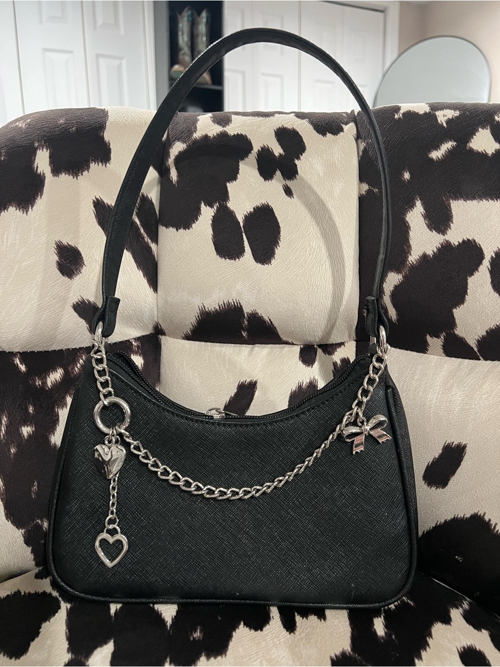 Black Chain-Accent Shoulder Bag with Heart & Bow Charms
